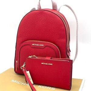 Michael Kors Jaycee Medium Backpack & Double Zip Wallet Wristlet Red/Gold